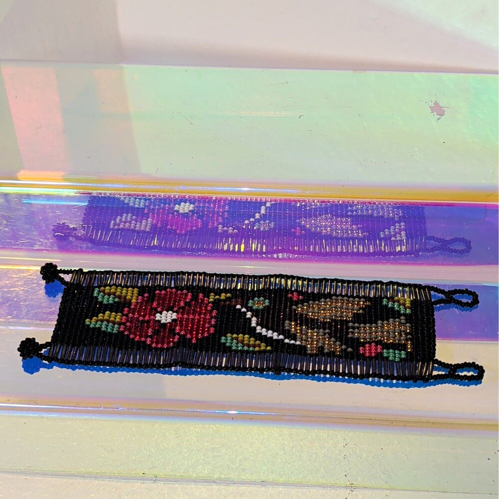 Handmade Floral Rose Beaded Cuff Bracelet Multicolor Glass Rectangle Design